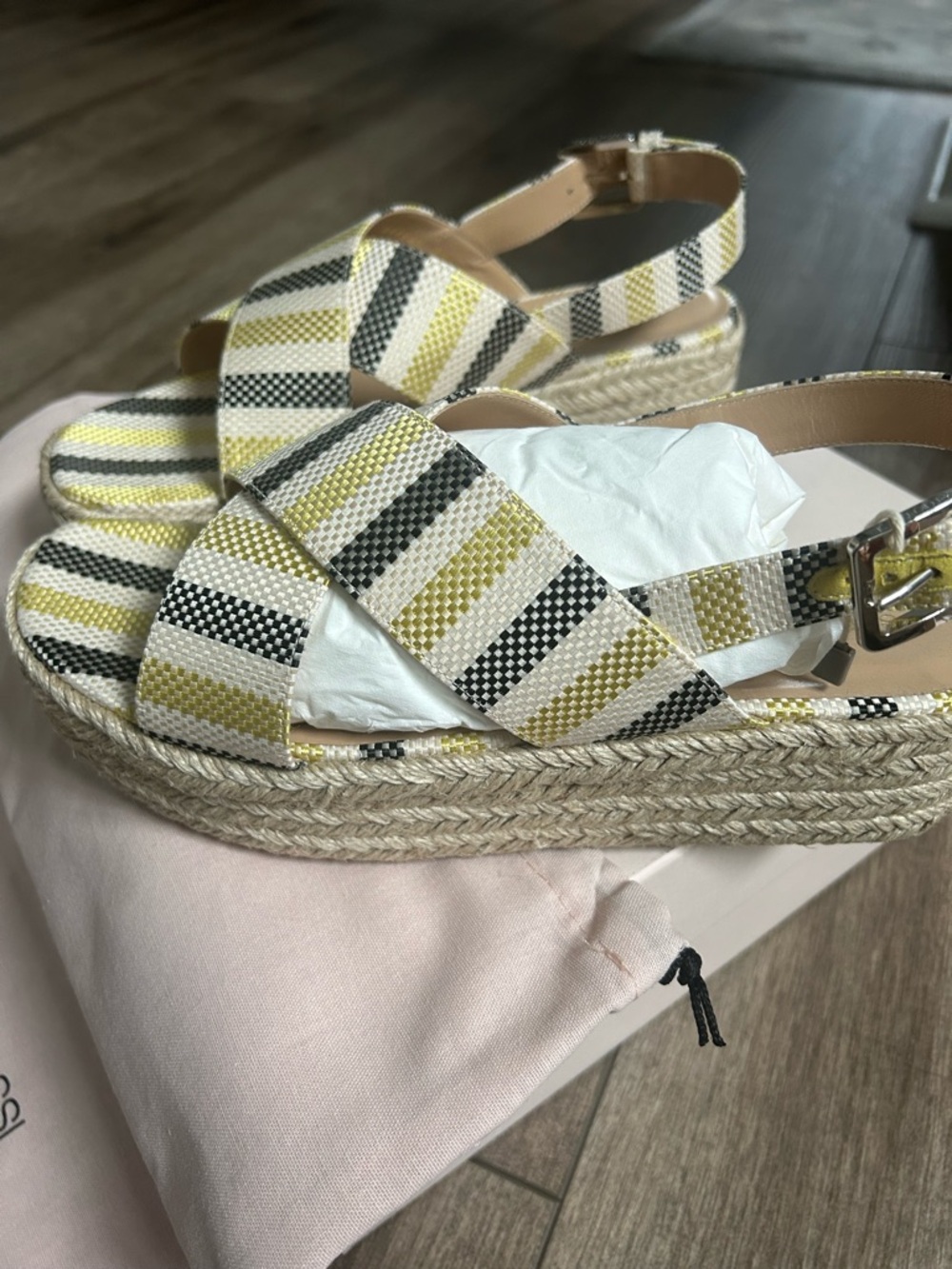 NIB Sergio Rossi Yellow, Black & Cream Striped Platform Espadrille Sandals 39.5